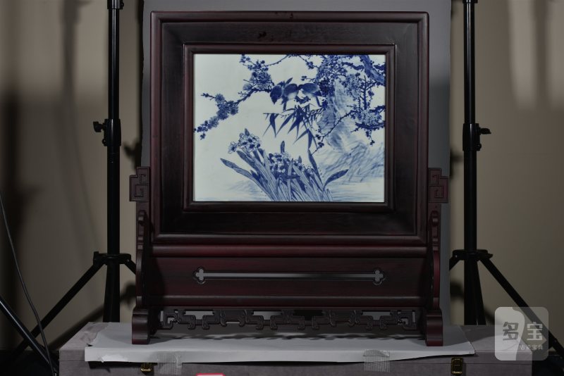 清光绪 金品卿风格青花花鸟瓷板插屏 - 图8